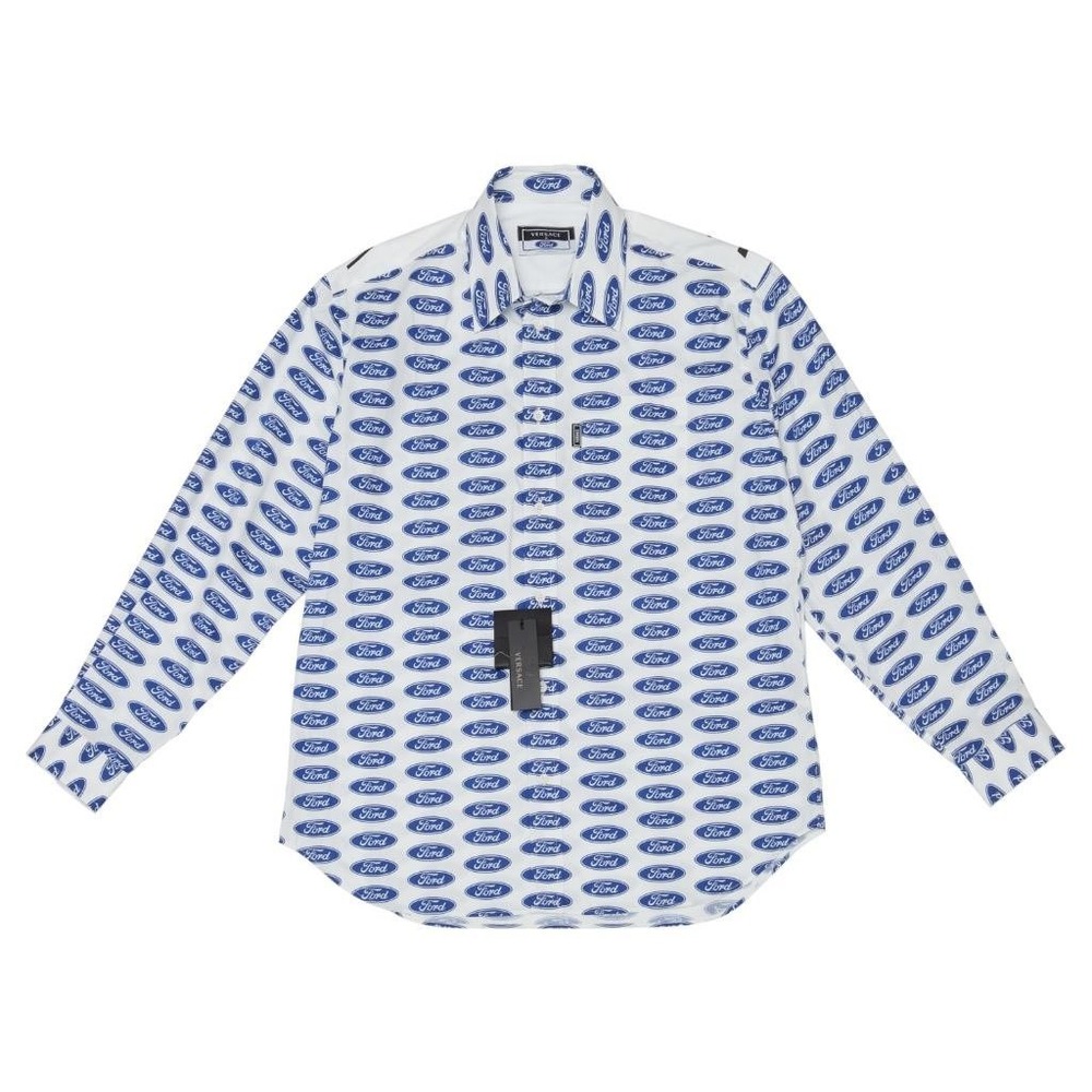 Versace Ford Motor LE Blue White Long Sleeve Mens Button Up Dress Shirt 38 NWT